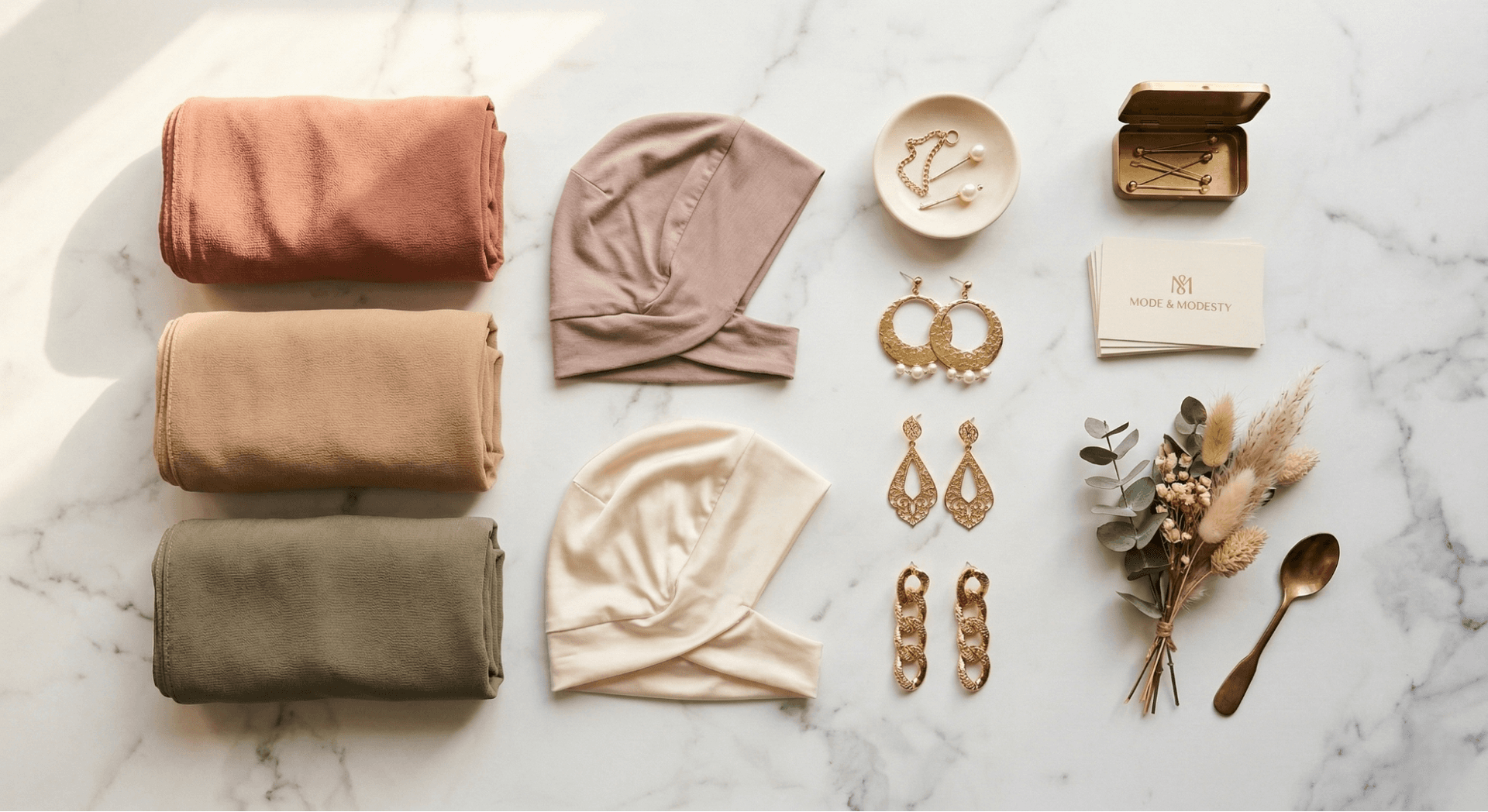 Elegant hijab accessories including scarves, caps, and statement jewelry”