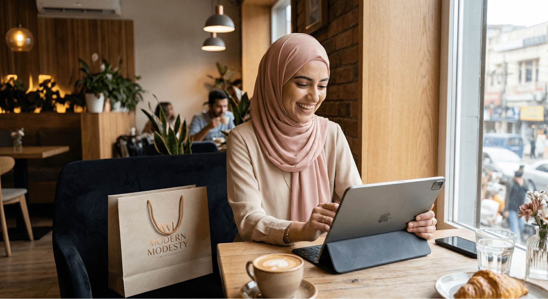 Woman shopping online for modest fashion brands in Pakistan