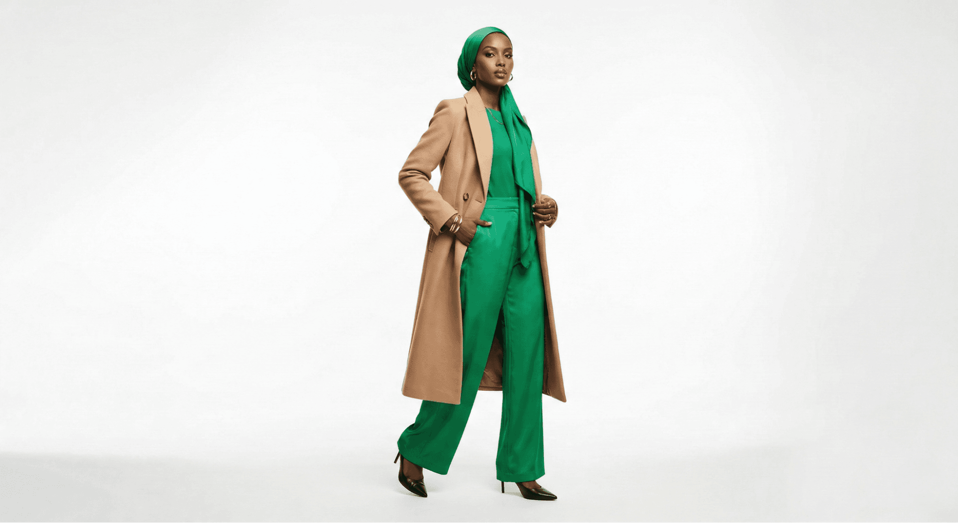 Stylish modest outfit with neutral tones and vibrant pattern accents
