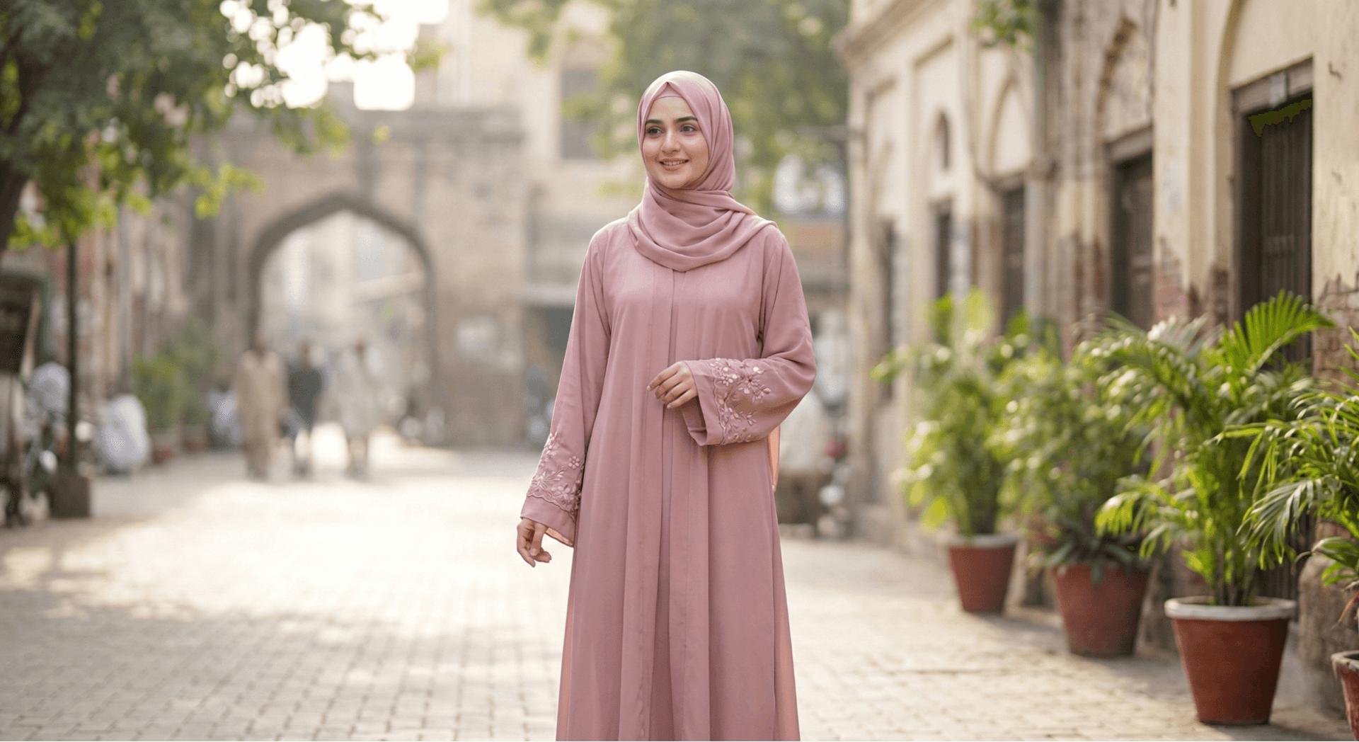 Pakistani woman in pastel open-front embroidered abaya, modern modest fashion.