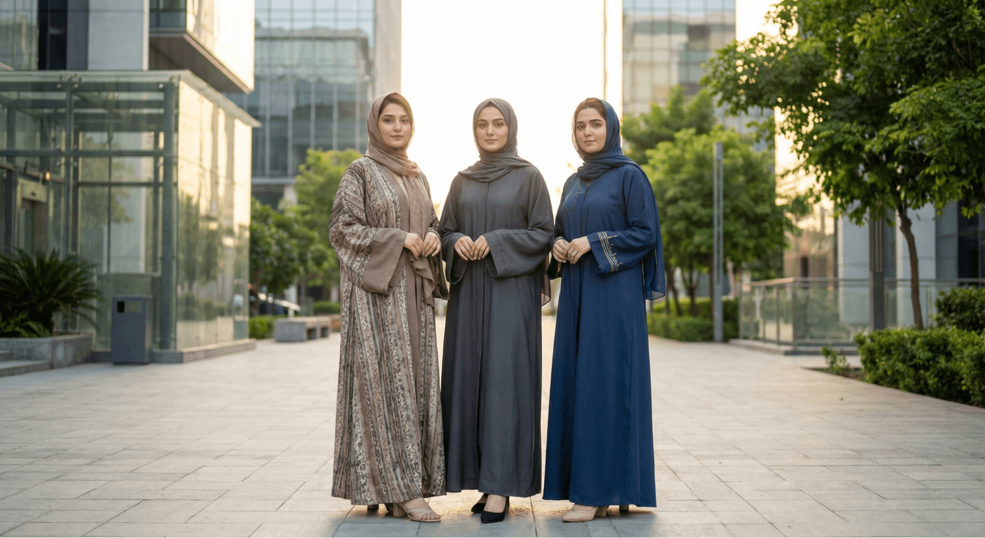 Three Pakistani women wearing kimono, minimalist, and embroidered abayas in a modern urban setting.