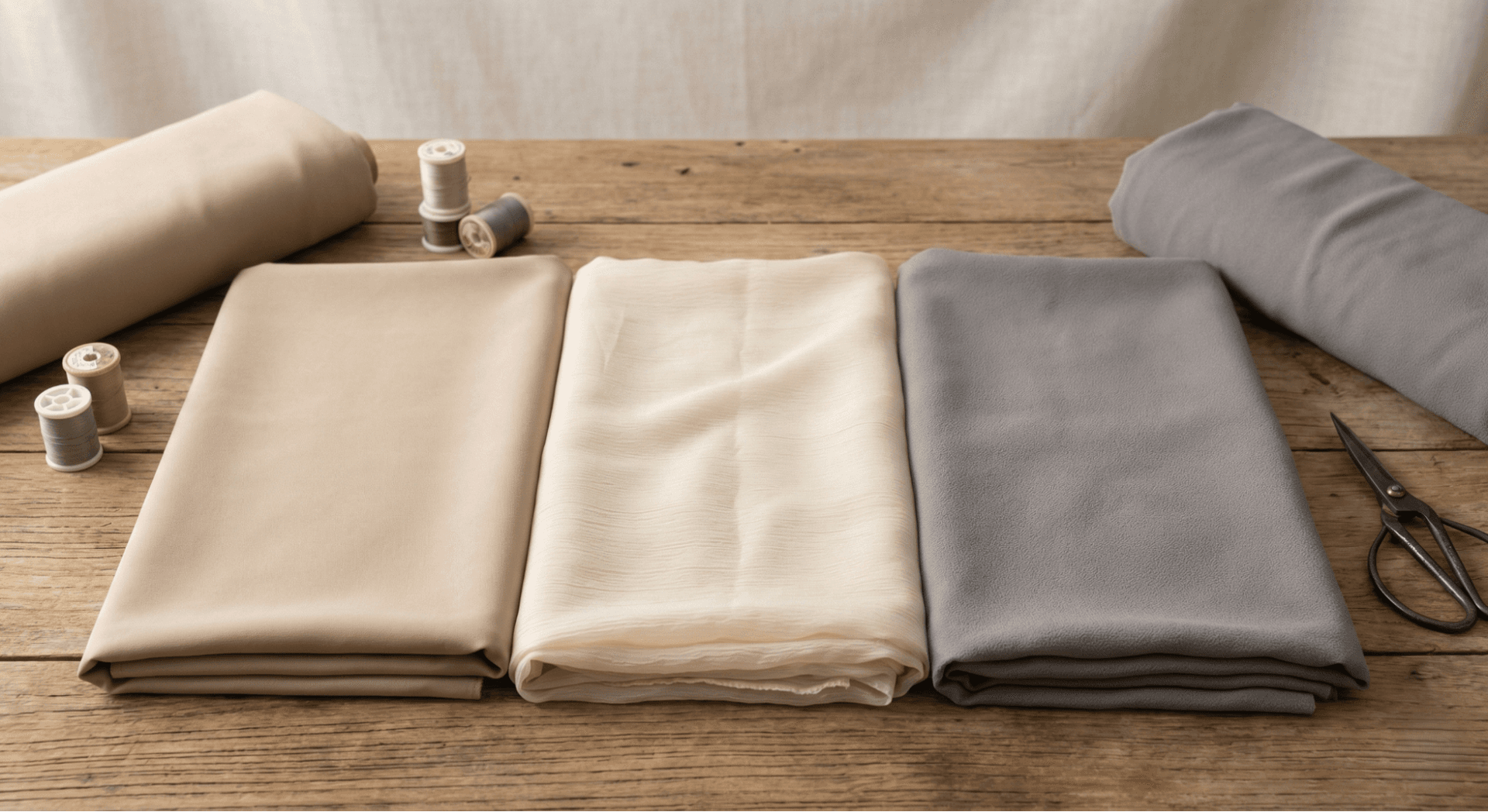 Flat lay of premium abaya fabrics including Korean nida, chiffon, and georgette.