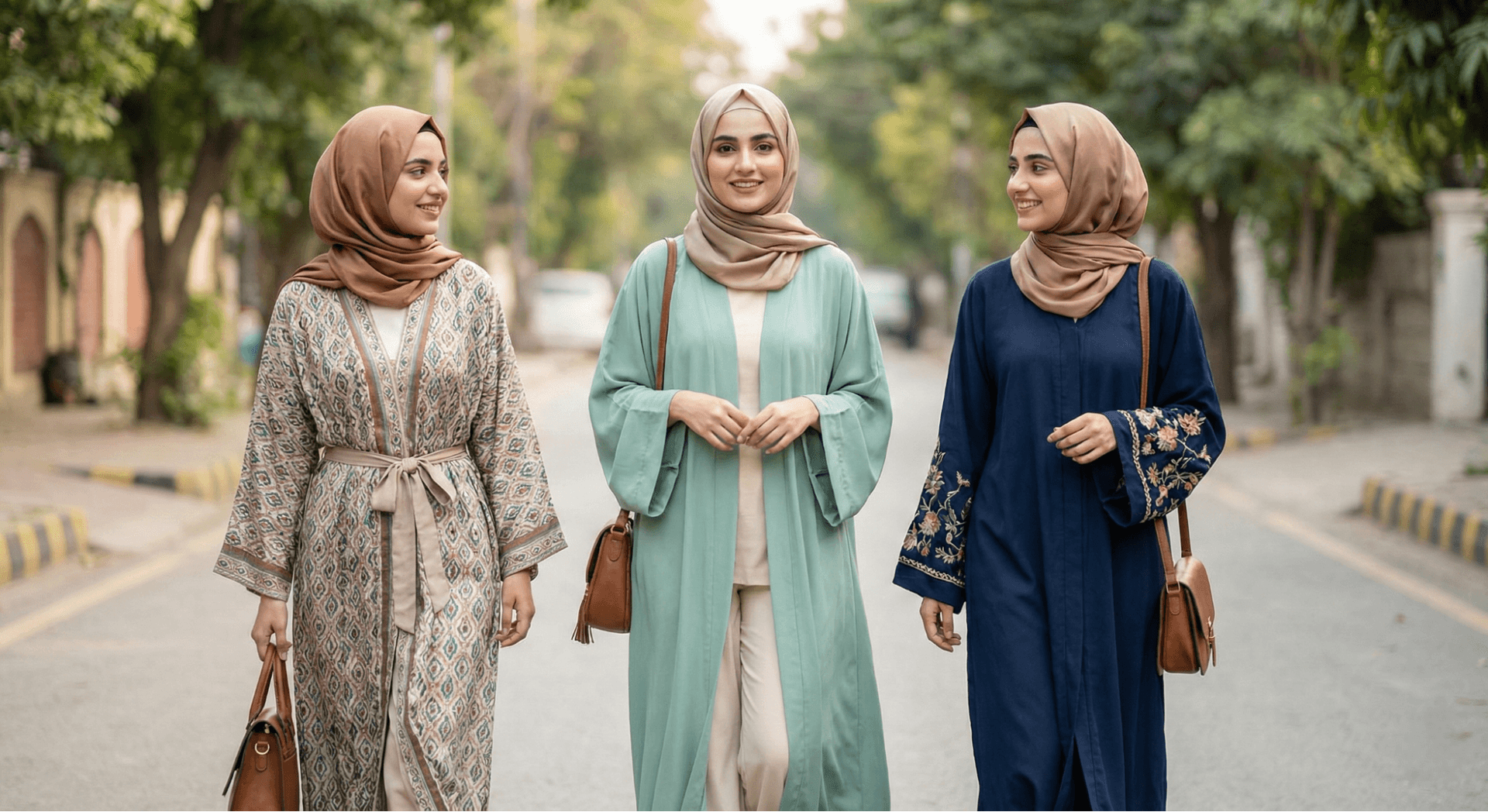 Three Pakistani women in modern abayas with hijabs, urban daytime setting