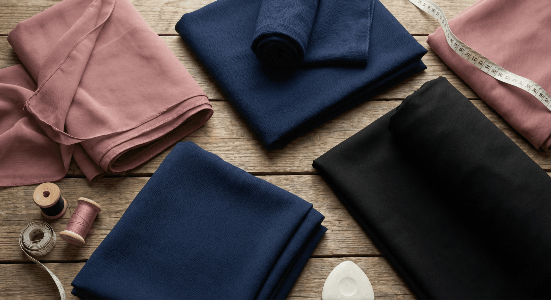 Flat lay of abaya, hijab, and burqa fabrics including chiffon, georgette, and Korean nida