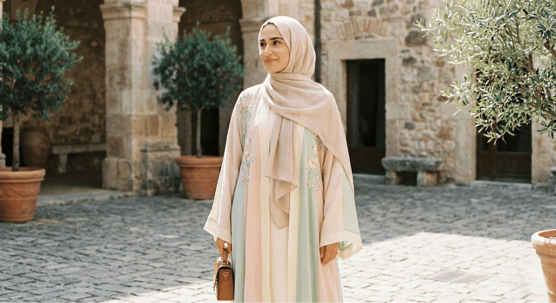 Modern open-front embroidered abaya worn by Pakistani Muslim woman