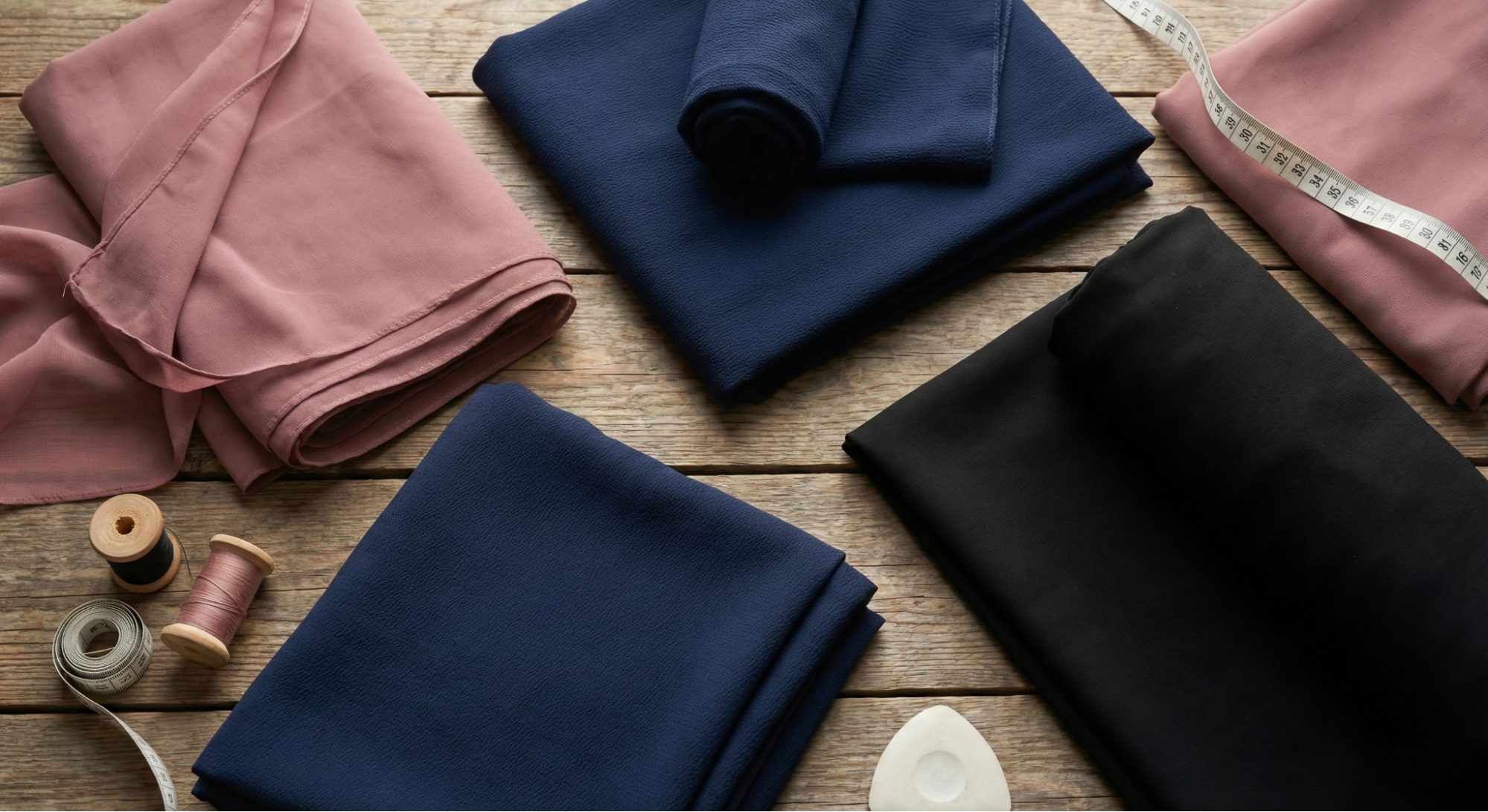 Flat lay of abaya, hijab, and burqa fabrics including chiffon, georgette, and Korean nida