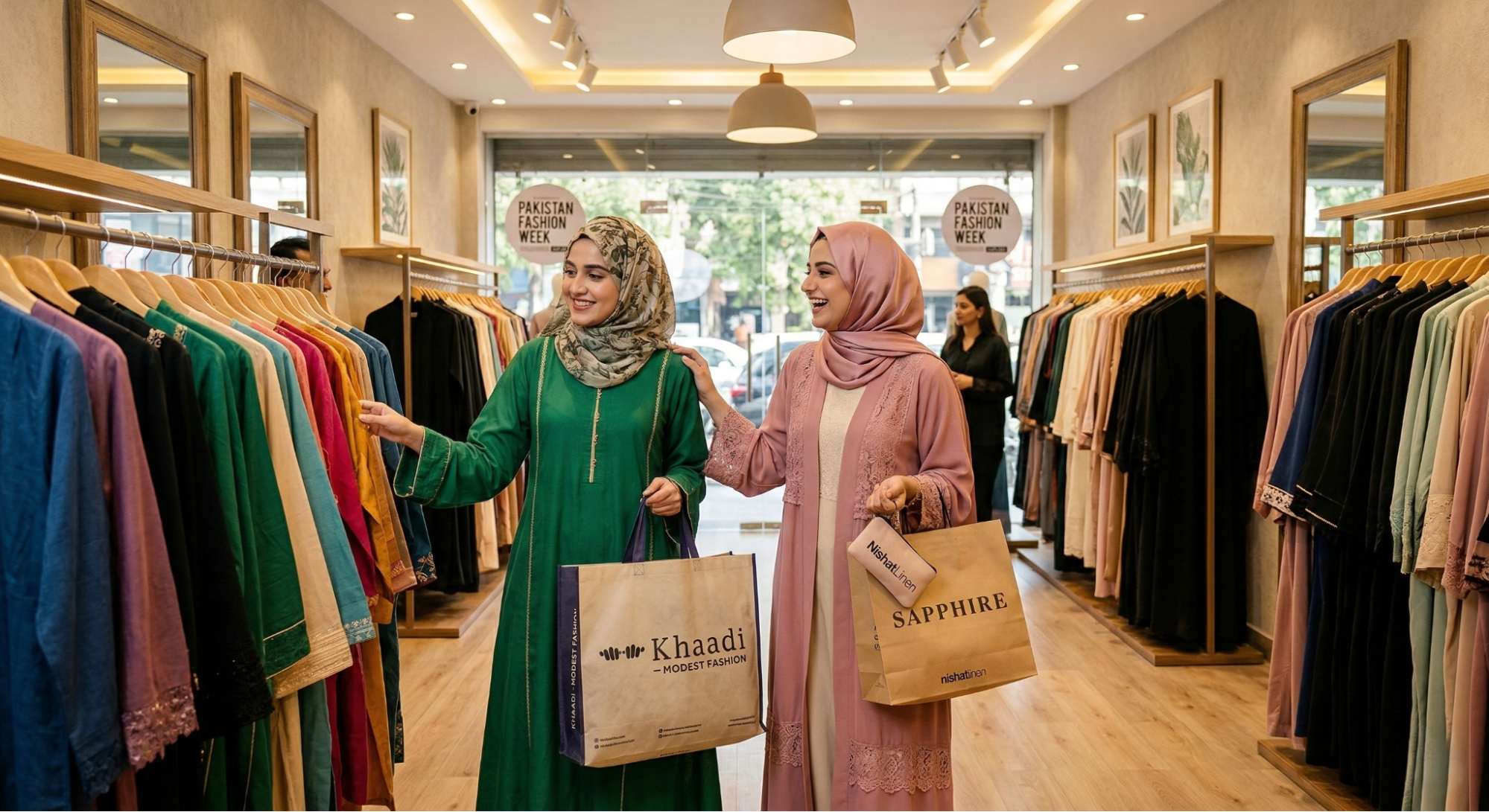 Women browsing stylish modest clothing brands in Pakistan