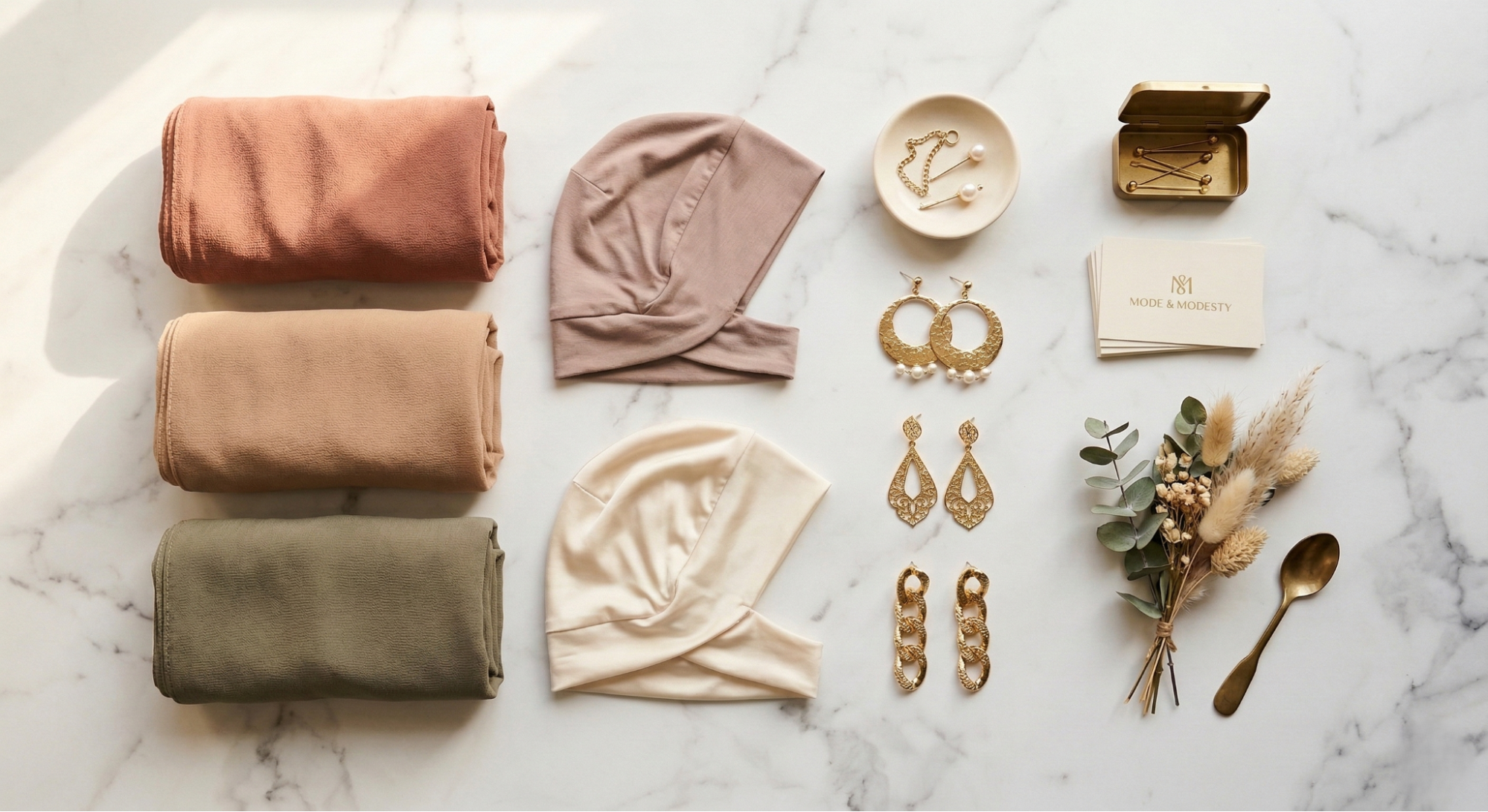 Elegant hijab accessories including scarves, caps, and statement jewelry”
