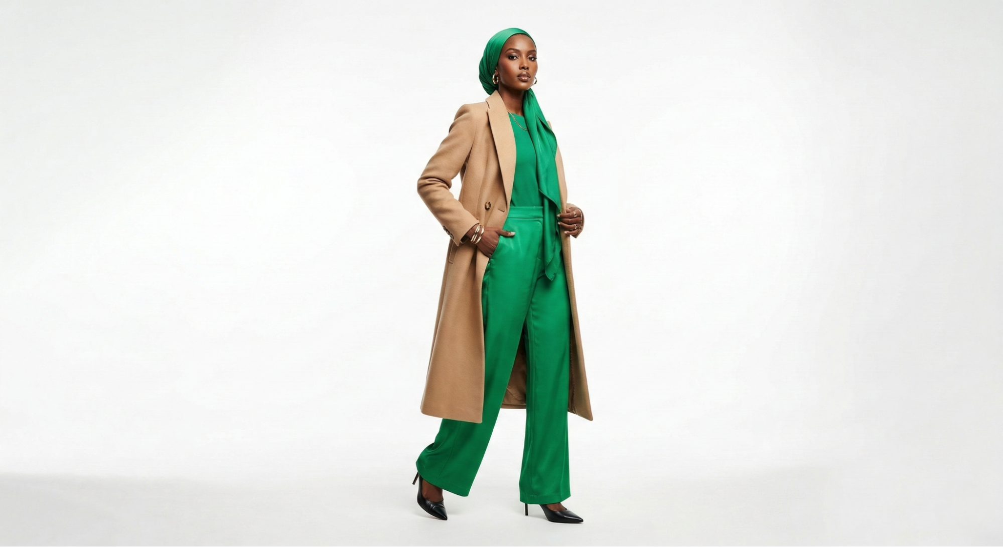 Stylish modest outfit with neutral tones and vibrant pattern accents