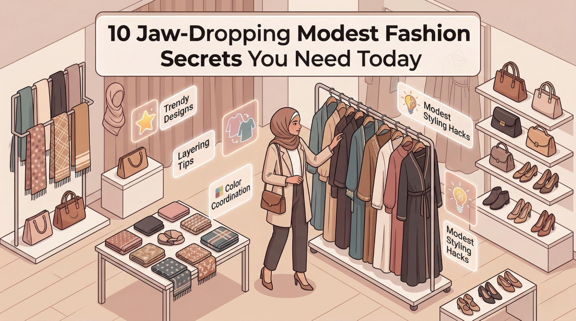 Muslim woman exploring abayas, hijabs, and modest fashion with styling tips icons.