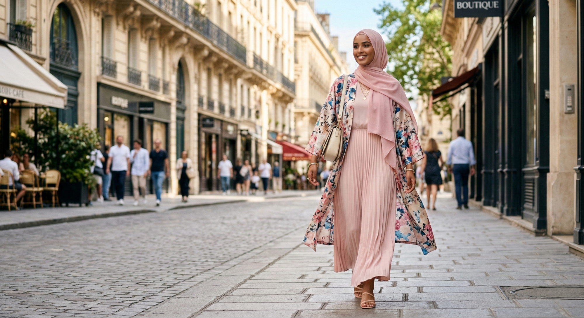 Layered modest outfit with kimono jacket and maxi dress for Muslim women