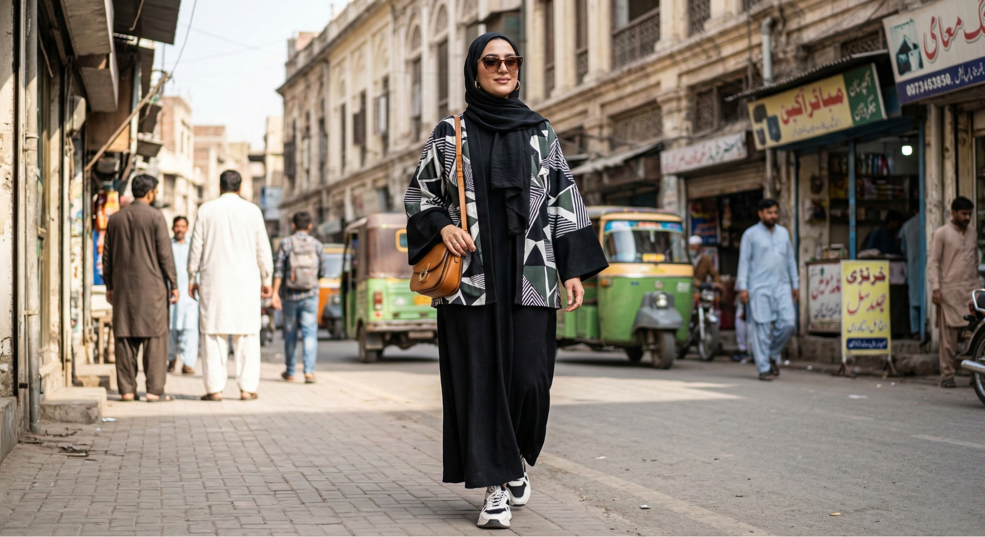Contemporary kimono jacket layered on traditional abaya for modern modest fashion