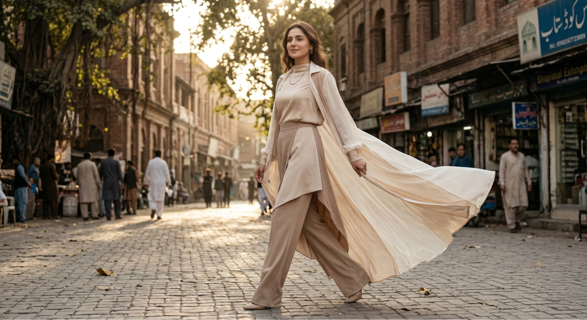 Flowing duster coat layered on modest outfit for elegance and comfort