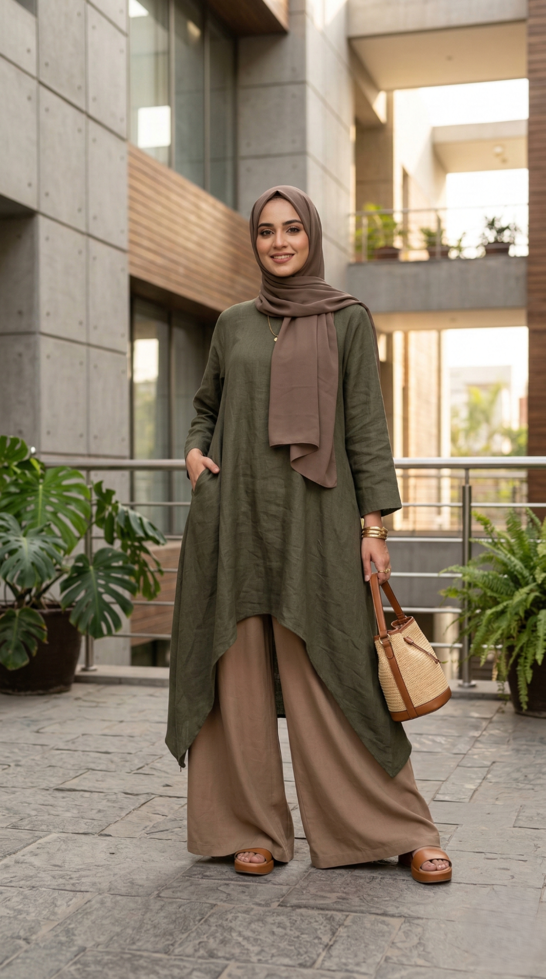 Modest palazzo pants outfit paired with tunic and hijab