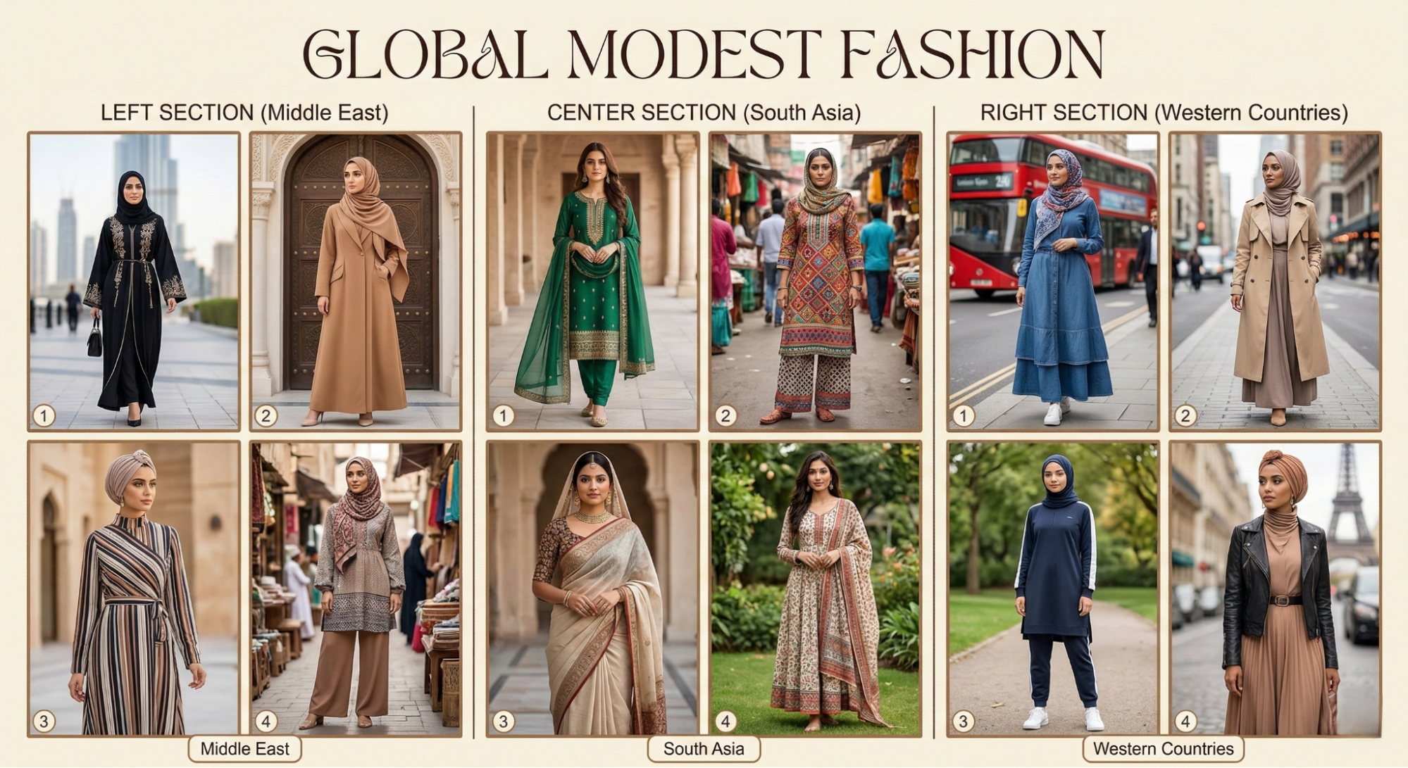 Global modest fashion styles from Middle East, South Asia, and Western fashion