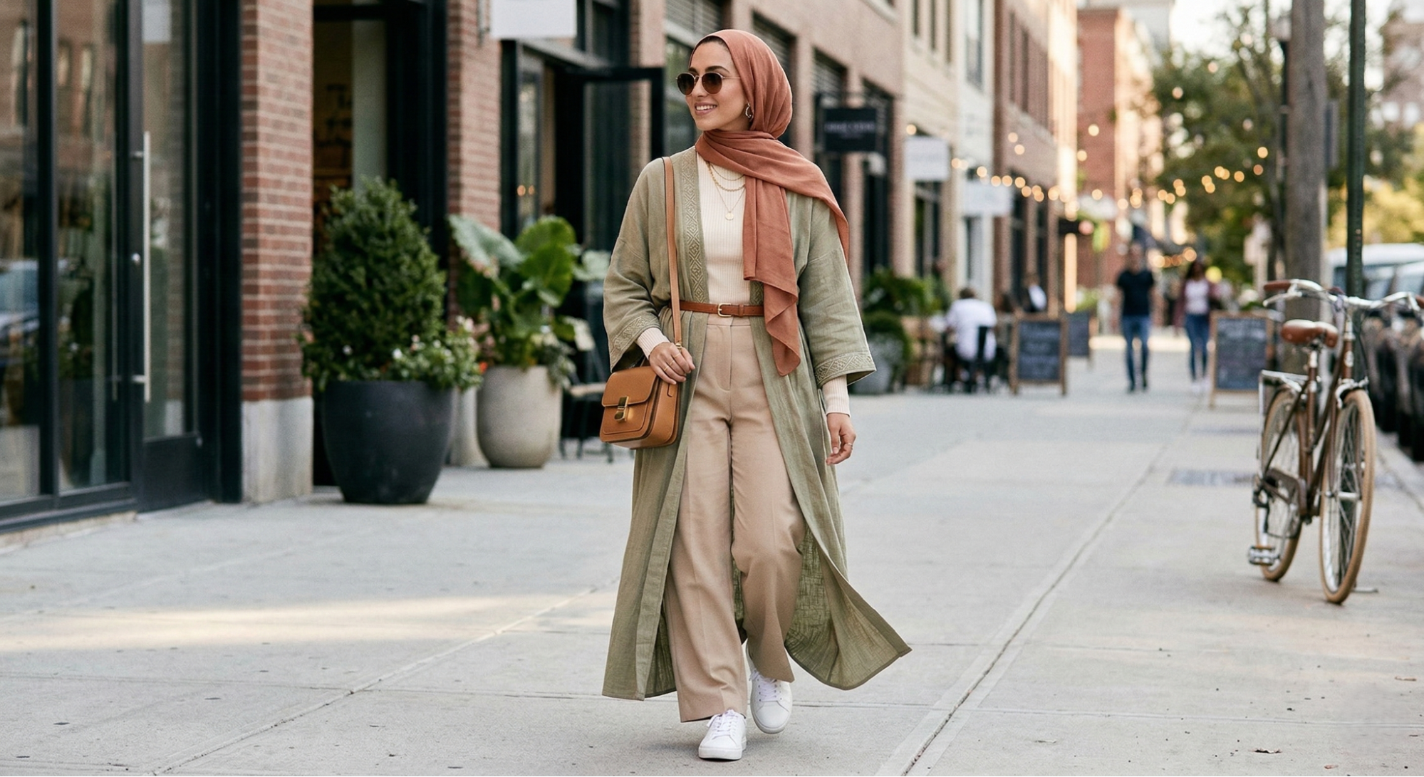 Modern modest layering with kaftan and hijab style