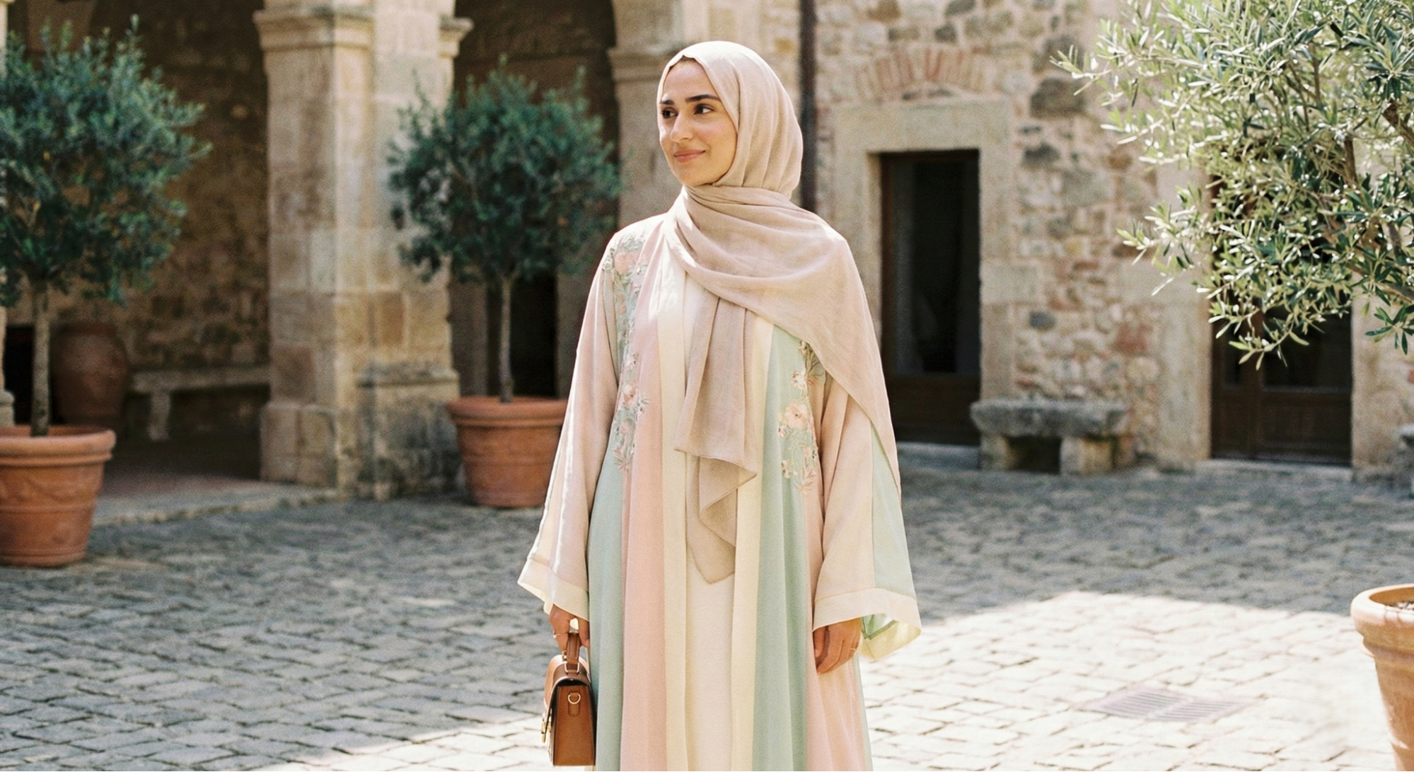 Modern open-front embroidered abaya worn by Pakistani Muslim woman