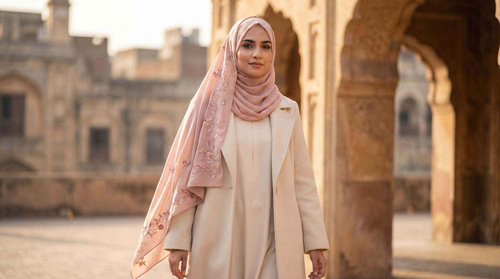 Pakistani woman wearing a pastel embroidered khimar hijab styled in modern modest fashion