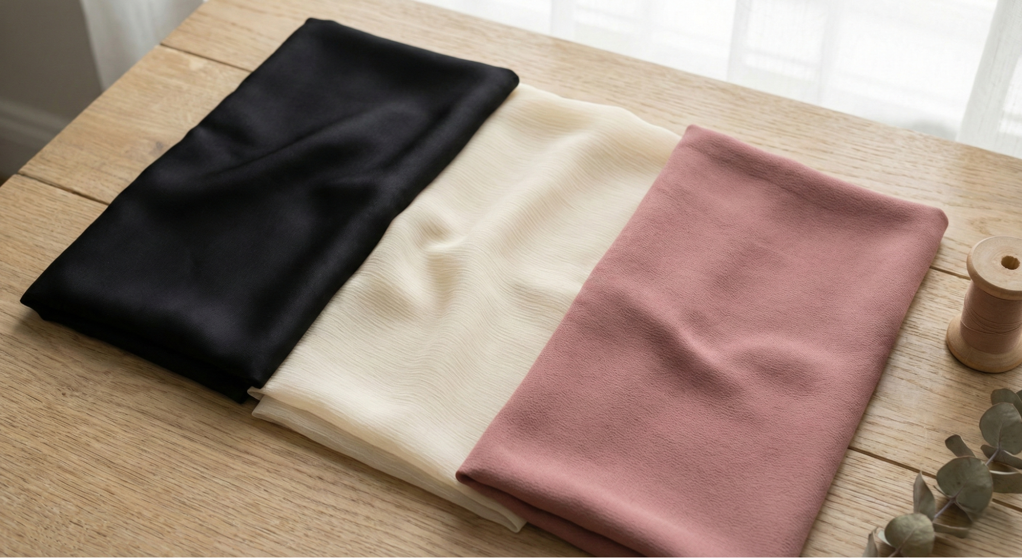 Close-up flat lay of nida, chiffon, and georgette abaya fabrics showing texture, thickness, and weave detail.