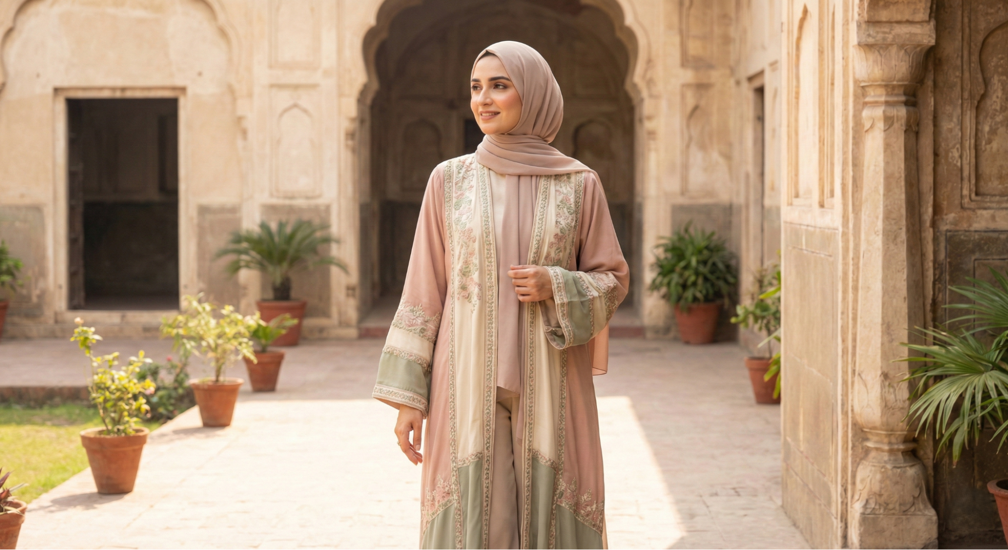 Pakistani Muslim woman wearing a modern open-front embroidered abaya in soft pastel tones with elegant modest hijab styling outdoors.