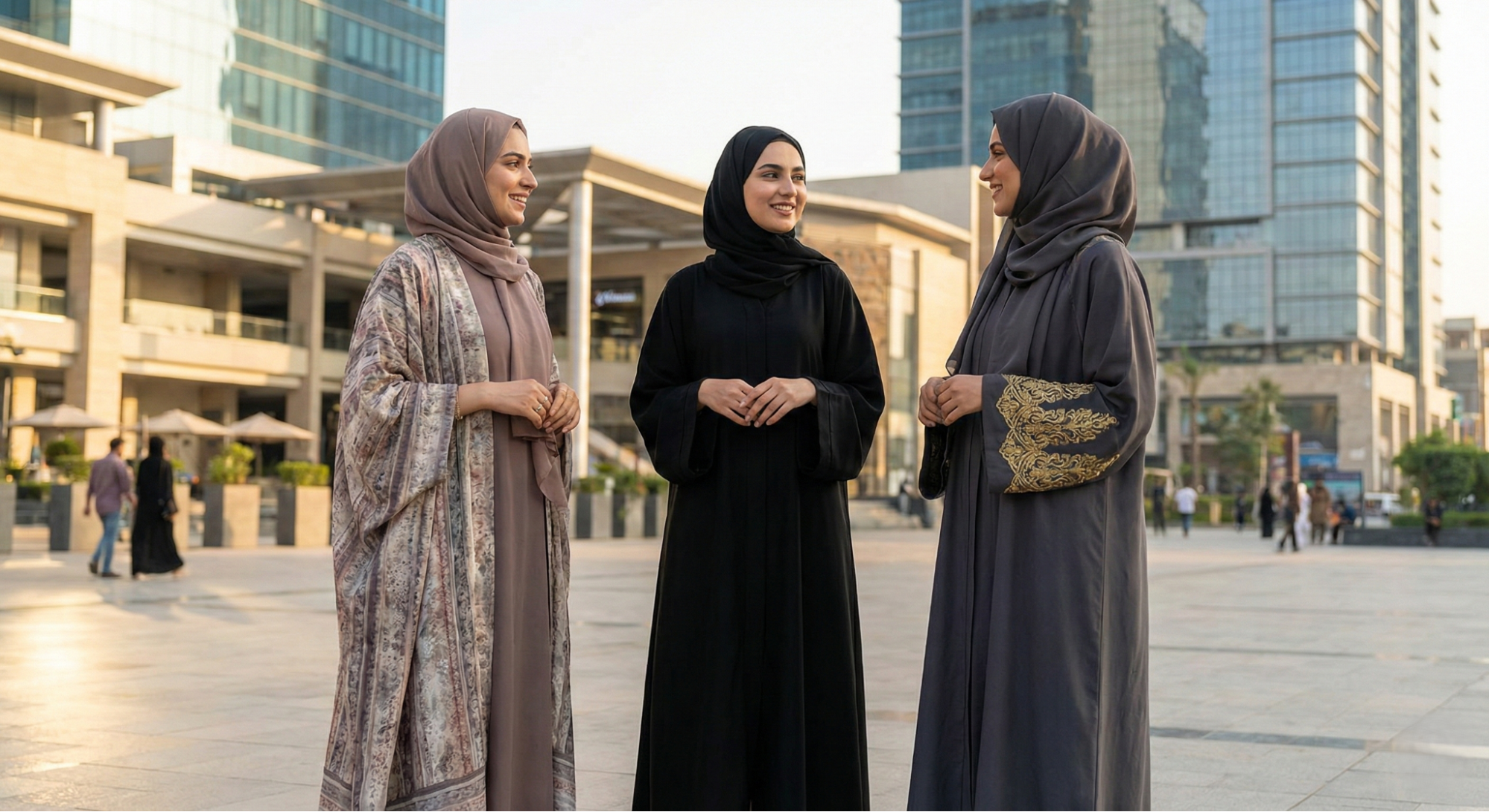 Three Pakistani Muslim women wearing kimono, plain minimalist, and embroidered sleeve abayas in an urban golden hour photoshoot.