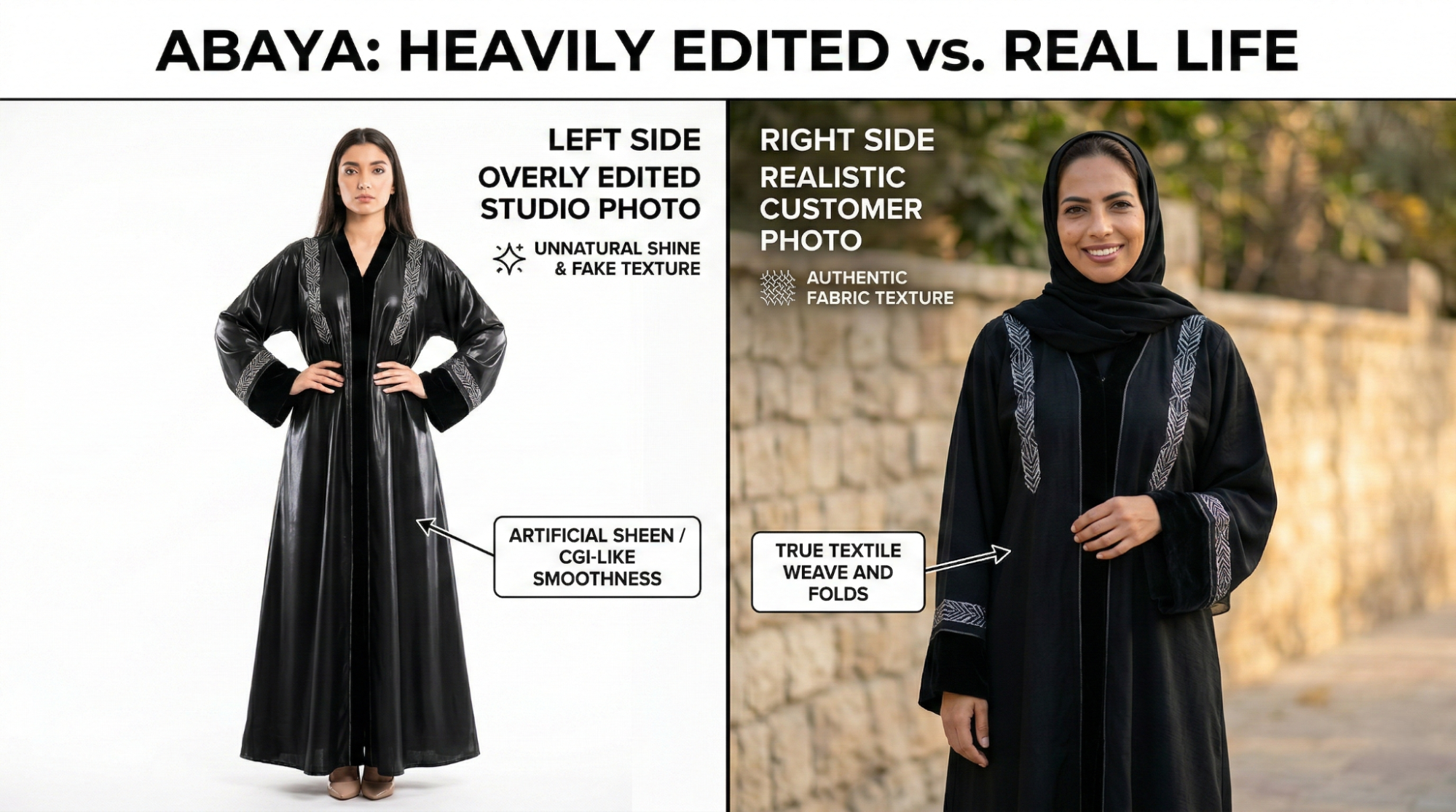 Comparison of edited studio abaya photo vs real outdoor fabric texture in natural sunlight.