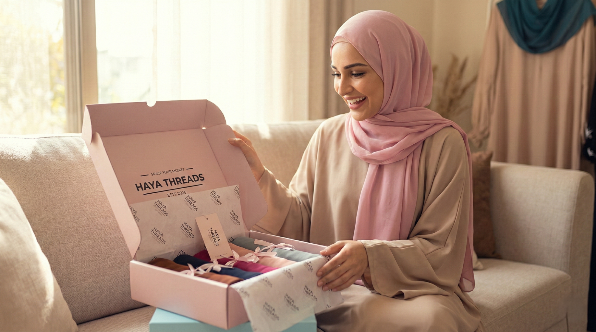 Happy Pakistani woman unboxing a Haya Threads abaya in pastel hijab and neutral-toned abaya.