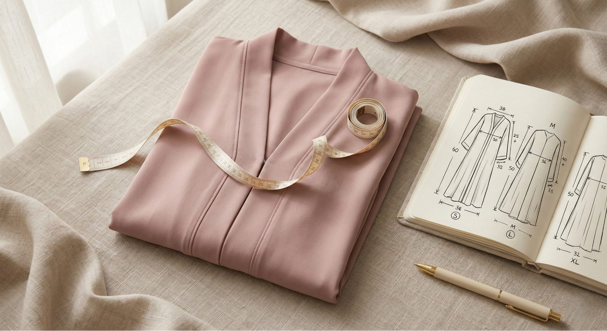 Pastel abaya with measuring tape and size guide notebook in soft natural lighting for accurate online sizing.