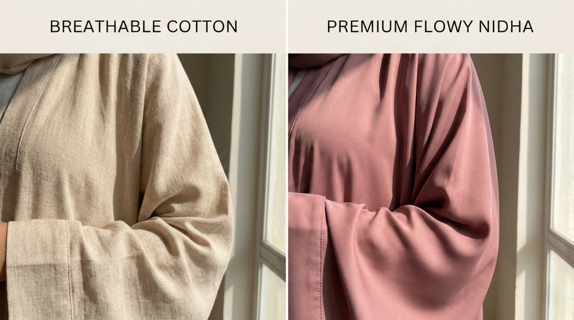 Close-up comparison of breathable cotton abaya fabric and premium Korean Nidha fabric in natural sunlight showing texture, drape, and quality difference for modest fashion.