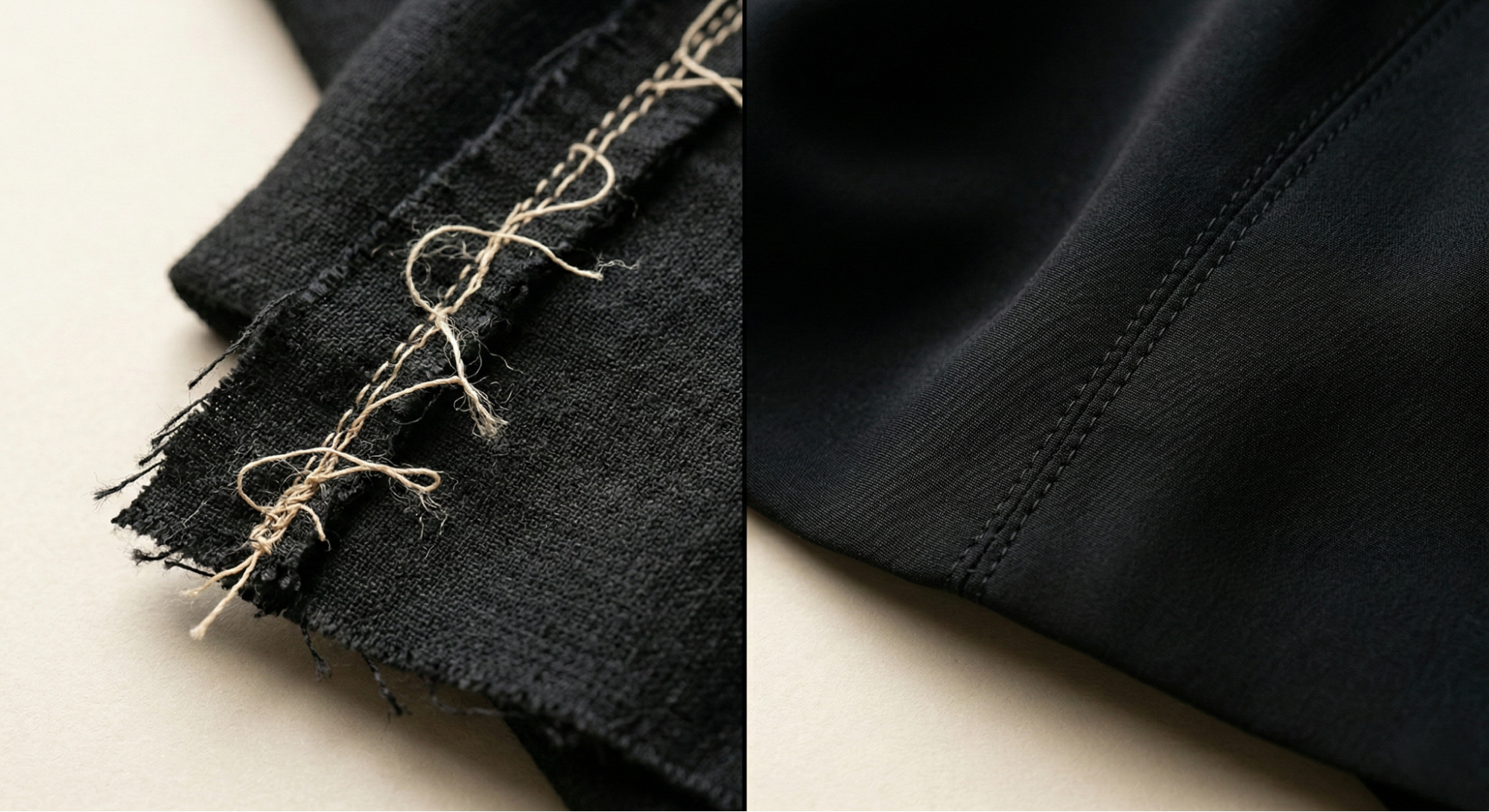 Comparison of frayed cheap abaya seam versus premium Nidha abaya seam with reinforced stitching.
