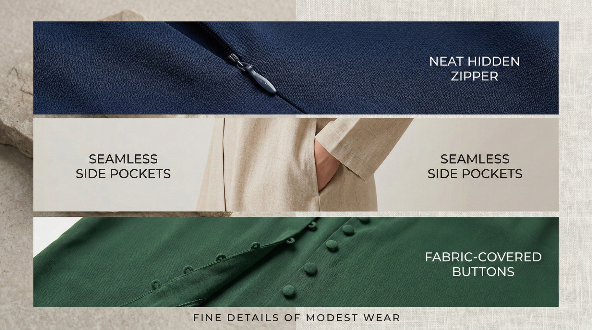 Close-up collage of zip abaya zipper, hidden pockets, and fabric-covered buttons on open front abaya.