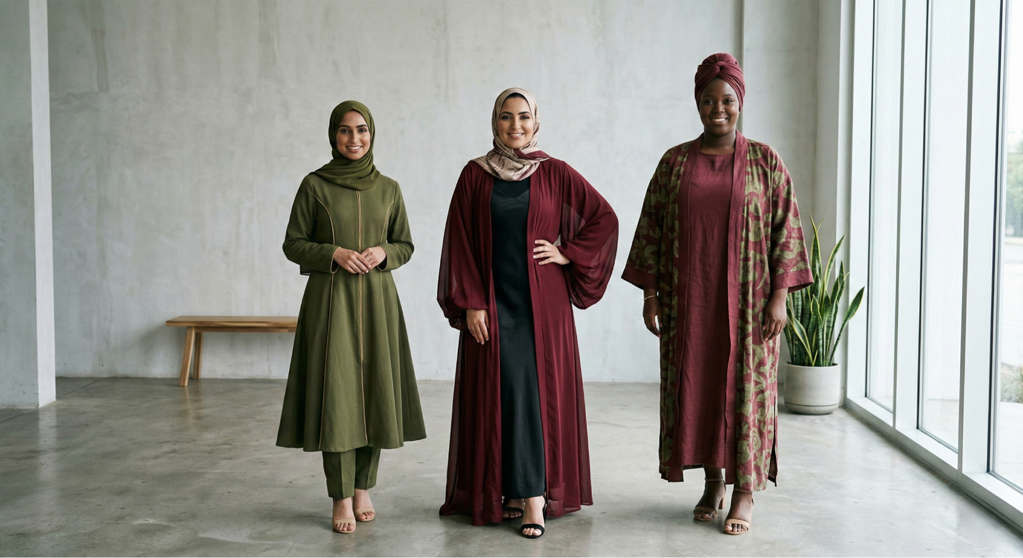 Three women wearing A-line, Butterfly, and Kimono abayas in olive green and maroon against a minimalist background.